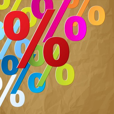 Yüzde sembolleri köşedeki buruşuk kağıt kahverengi arka plan üzerinde renkli kağıt