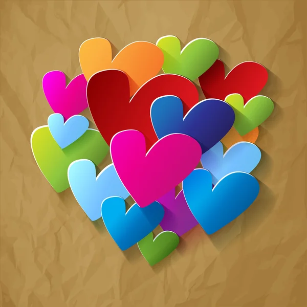 Kleurrijke harten op verfrommeld papier achtergrond bruin — Stockvector
