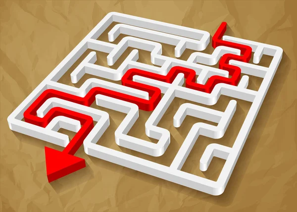 Labyrinth maze 3d red arrow vector on crumpled paper brown background — Stock Vector