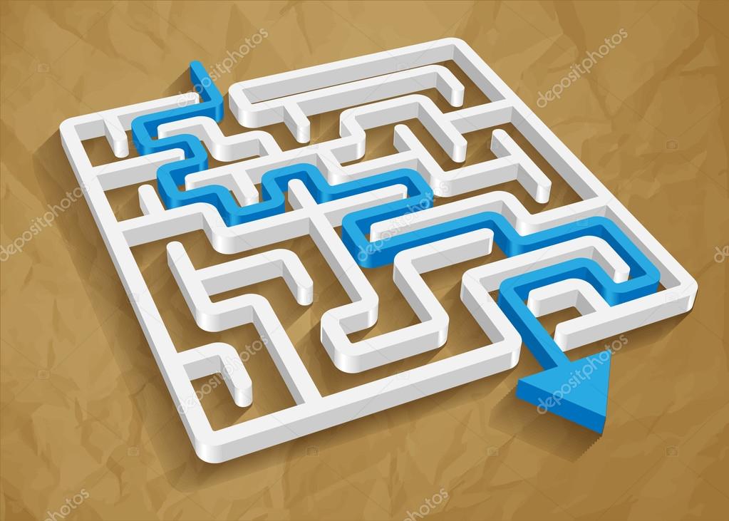 Labyrinth maze 3d blue arrow vector on crumpled paper brown background