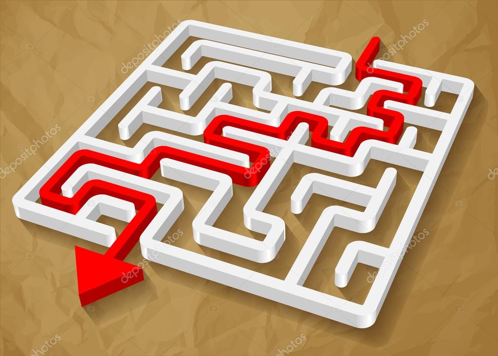 Labyrinth maze 3d red arrow vector on crumpled paper brown background