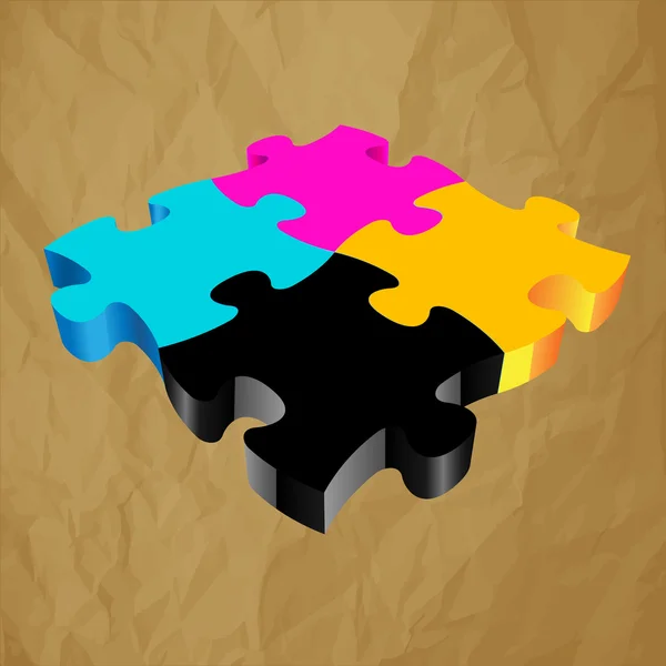 Cmyk Puzzle 3D-Vektor auf zerknülltem Papier braunen Hintergrund — Stockvektor