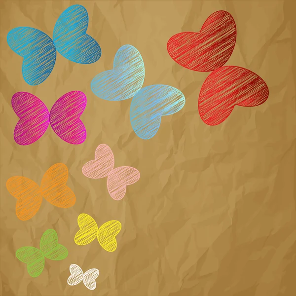 Color butterflies scribble on a crumpled paper brown background — Stock Vector