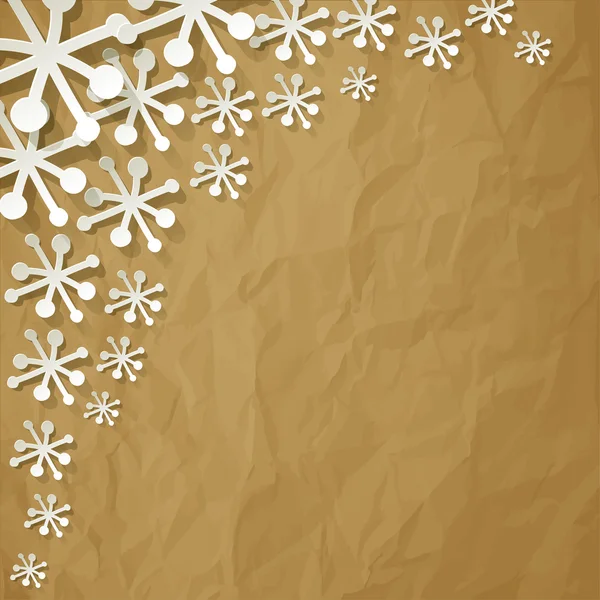 White paper snowflakes on crumpled paper brown background — Stock Vector