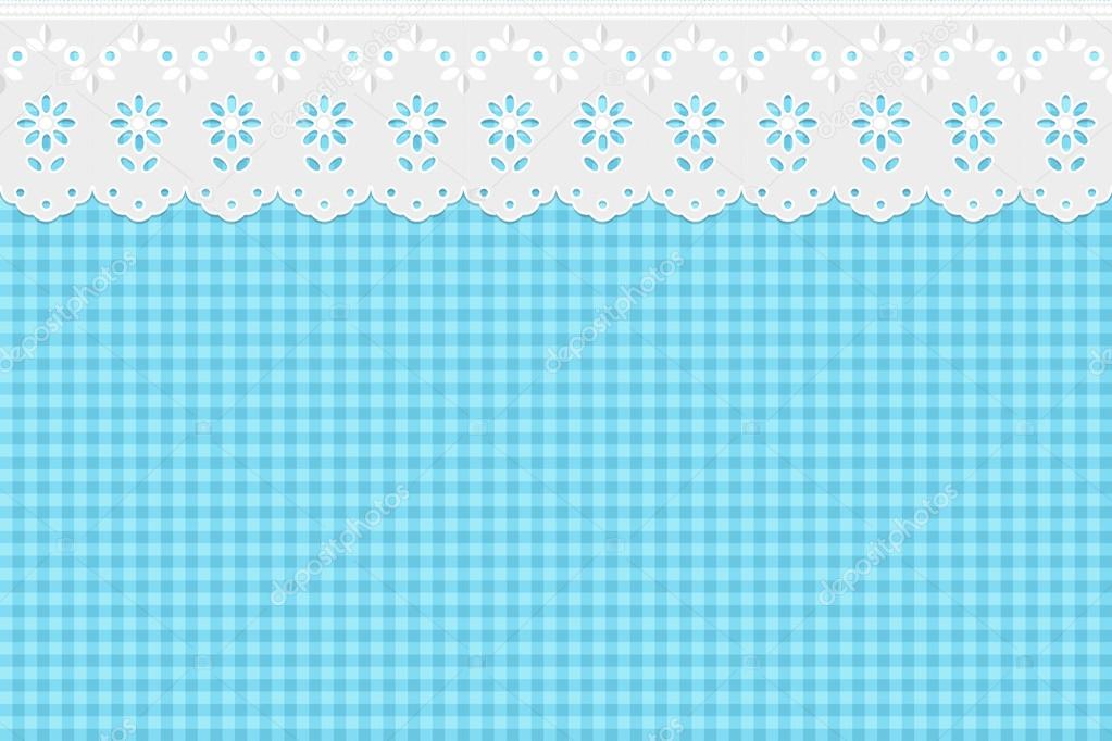 Openwork embroidery on checkered blue pattern background