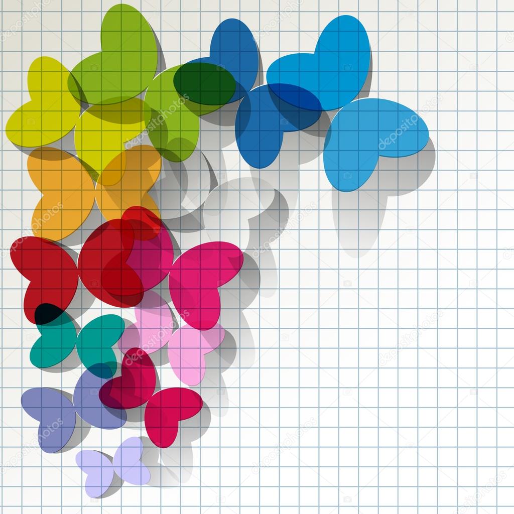 Colorful butterflies transparent stained glass on checkered pattern background