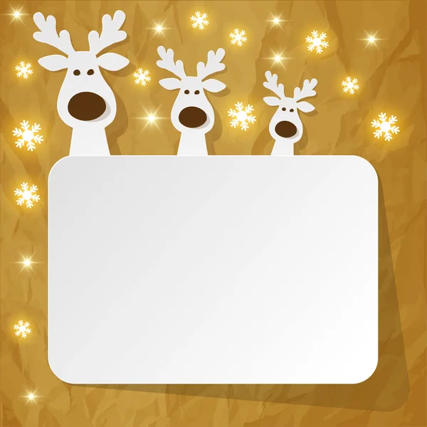 Gift card Renna di Natale su sfondo marrone carta spiegazzata con fiocchi di neve — Vettoriale Stock