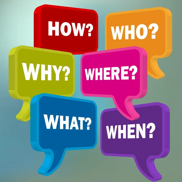 Speech bubbles in perspective colorful question HOW WHO WHAT WHY WHERE WHEN on a blue bokeh background — Stockvector