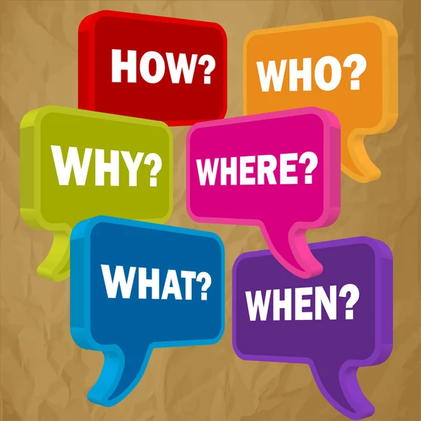 Speech bubbles in perspective colorful question HOW WHO WHAT WHY WHERE WHEN on a crumpled paper brown background — Stock Vector