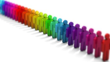 3D people figure in row of colorful figures isolated on white background with depth of field focus effect. Convergent perspective.