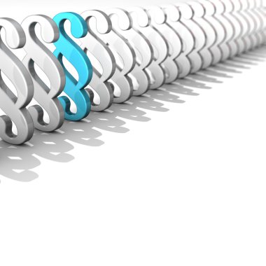 single blue 3D paragraph figure in row of white figures isolated in corner on white background with depth of field focus effect.