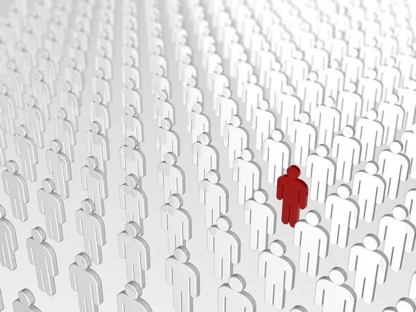 Abstract individuality, uniqueness and leadership business concept - single red 3D people figure in crowded group of white figures — Stock Photo, Image