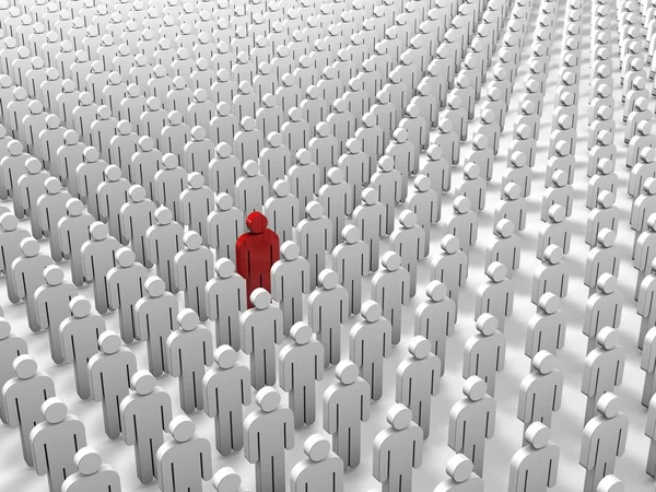 Abstract individuality, uniqueness and leadership business concept - single red 3D people figure in crowded group of white figures — Stock Fotó