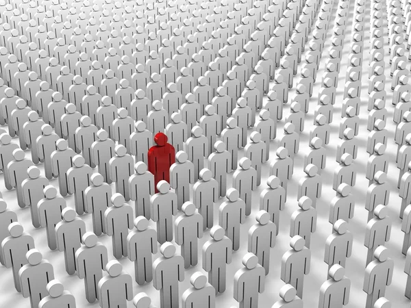 Abstract individuality, uniqueness and leadership business concept - single red 3D people figure in crowded group of white figures