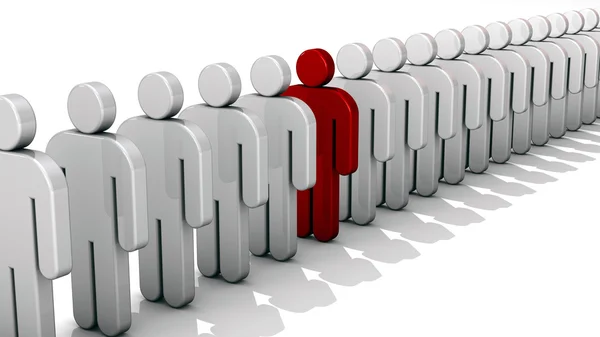 Différence abstraite et individualité, unicité et concept d'entreprise de leadership, une seule figure rouge de personnes 3D dans la rangée de figures blanches isolées sur fond blanc — Photo