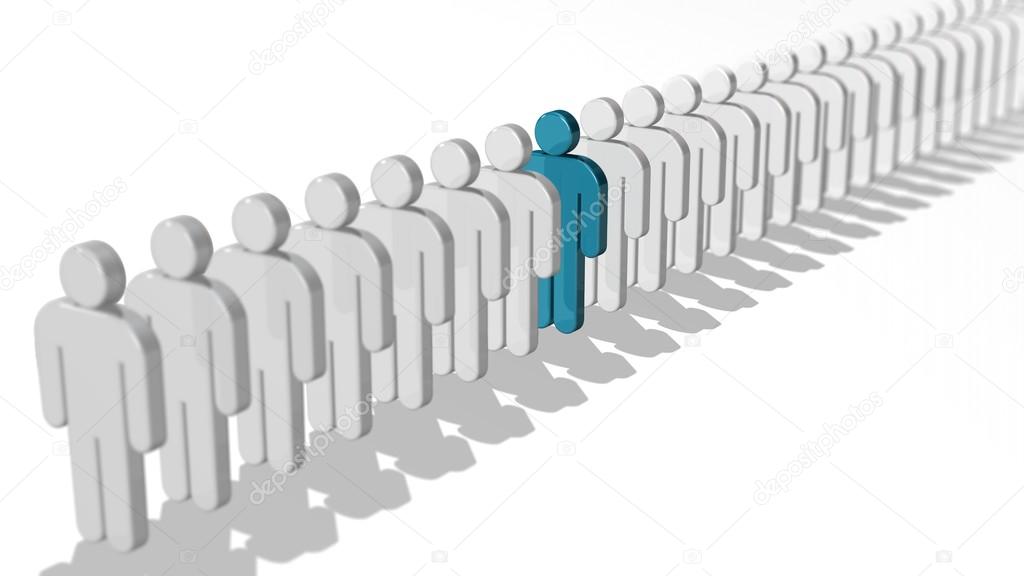 Abstract difference and individuality, uniqueness and leadership business concept, single green 3D people figure  turquoise in row of white figures isolated on white background with depth of field focus effect