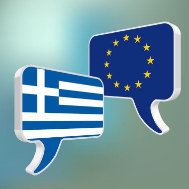 Avrupa Birliği ve Yunanistan olarak konuşma balonu mavi bokeh arka plan üzerinde bayrakları.