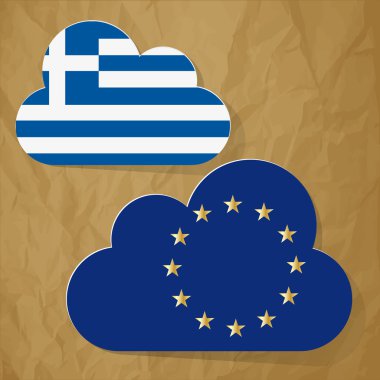 Flags of European Community and Greece as clouds on a crumpled paper brown background. clipart