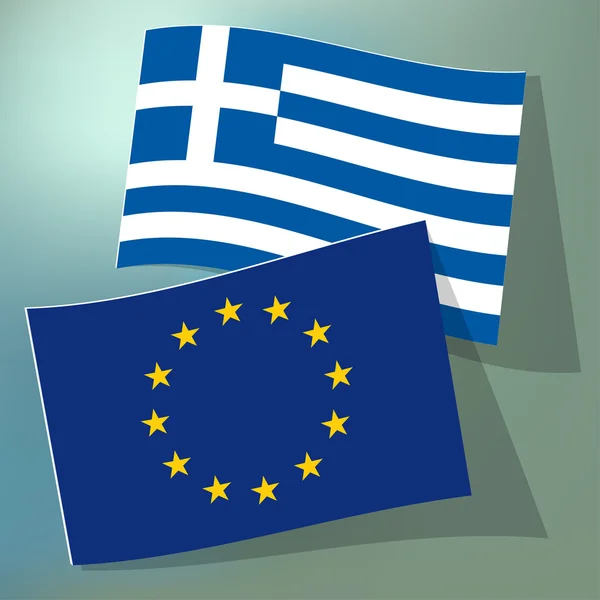 Σημαίες της Ευρωπαϊκής Κοινότητας και της Ελλάδας σε φόντο μπλε bokeh. — Διανυσματικό Αρχείο
