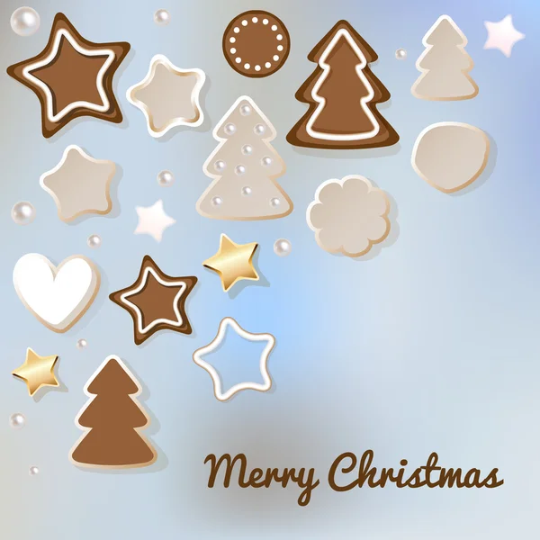 Merry Christmas postcard with gingerbread & cookies on a  blue bokeh fog background. — Stock Vector