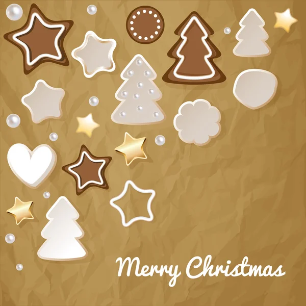 Merry Christmas postcard with gingerbread & cookies on a crumpled paper brown background. — Stock Vector