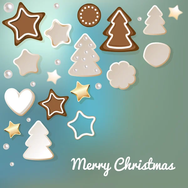 Merry Christmas postcard with gingerbread & cookies on a  blue bokeh fog background. — Stock Vector