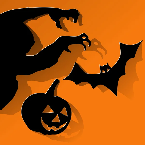 Счастливая открытка на Хэллоуин с монстром и тенями летучих мышей на оранжевом фоне . — стоковый вектор