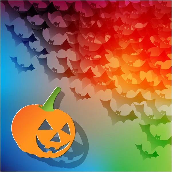 Счастливая открытка на Хэллоуин с Кевином и летучей мышью в углу на радужном фоне . — стоковый вектор