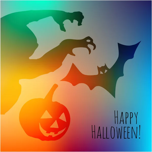Счастливая открытка на Хэллоуин с монстром и тенями летучих мышей на радужном фоне . — стоковый вектор