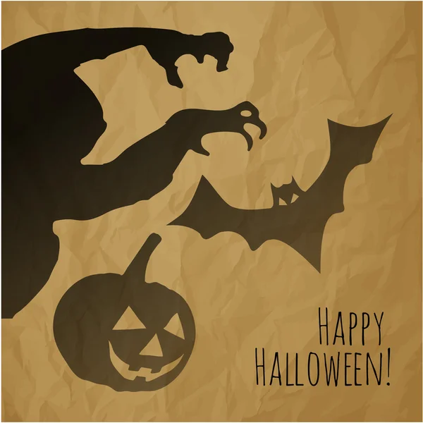 しわくちゃ紙茶色の背景にモンスターのかぼちゃとコウモリの影と幸せなハロウィーンはがき. — ストックベクタ