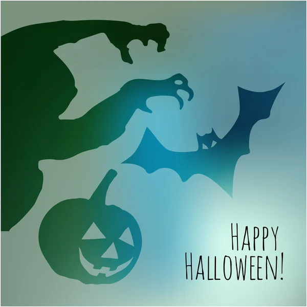 Postal feliz de Halloween con sombras de calabaza y murciélago sobre un fondo azul de niebla bokeh . — Vector de stock