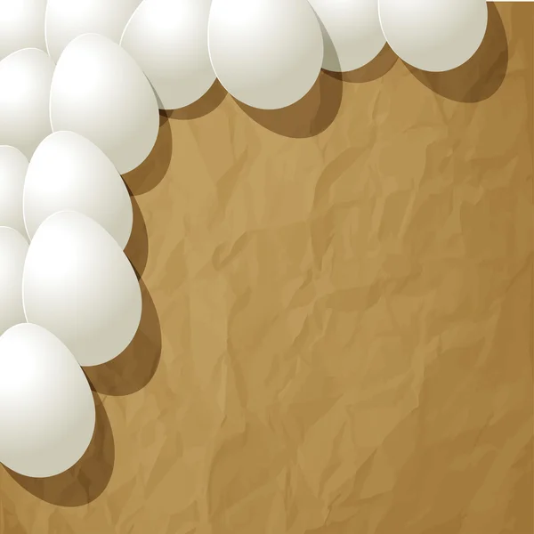 행복 한 부활절 엽서입니다. 모서리에 있는 흰색 계란. 구겨진된 종이 갈색 배경. — 스톡 벡터
