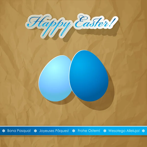 Feliz Pascua huevos scrapbook postal blanco azul. Internacional desea idiomas. Papel arrugado fondo marrón . — Vector de stock