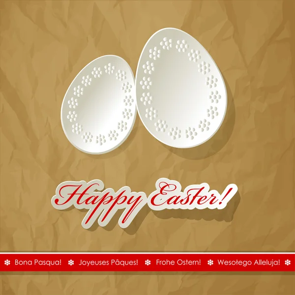 Feliz Pascua huevos scrapbook postal blanco rojo. Internacional desea idiomas. Papel arrugado fondo marrón . — Vector de stock