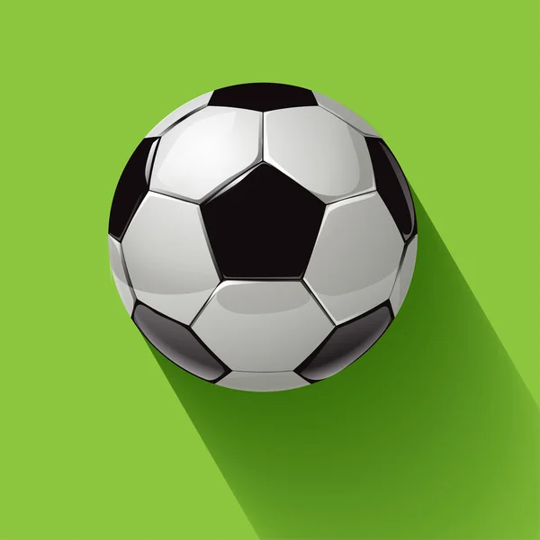 Soccer ball with long shadow on a green background. — Stock Vector