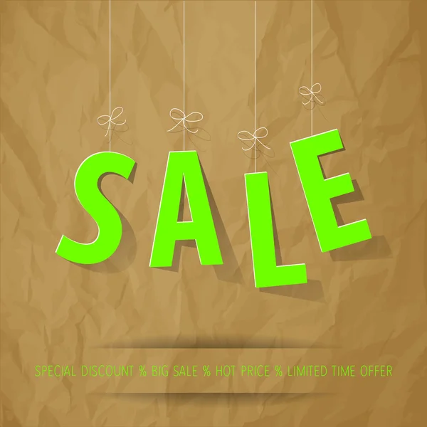 SALE paper letters neon green on a crumpled paper brown background. — Stock Vector