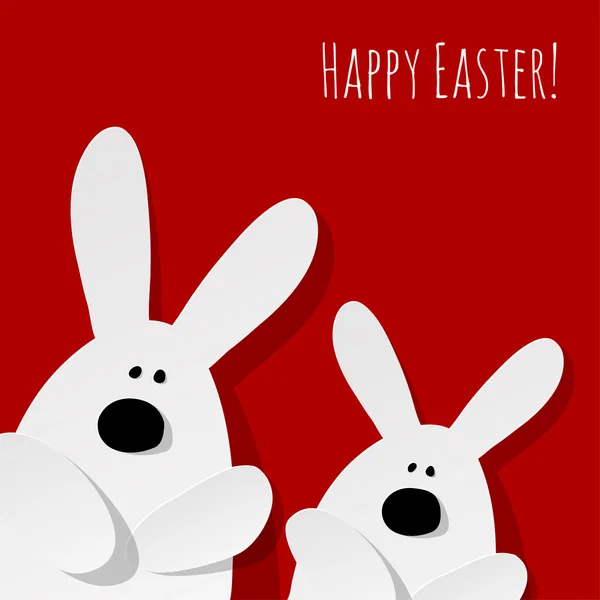 Счастливая пасхальная открытка 2 кролика на красном фоне . — стоковый вектор
