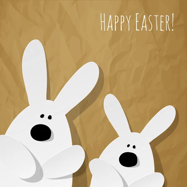 Счастливая пасхальная открытка 2 кролика на помятом бумажном коричневом фоне . — стоковый вектор