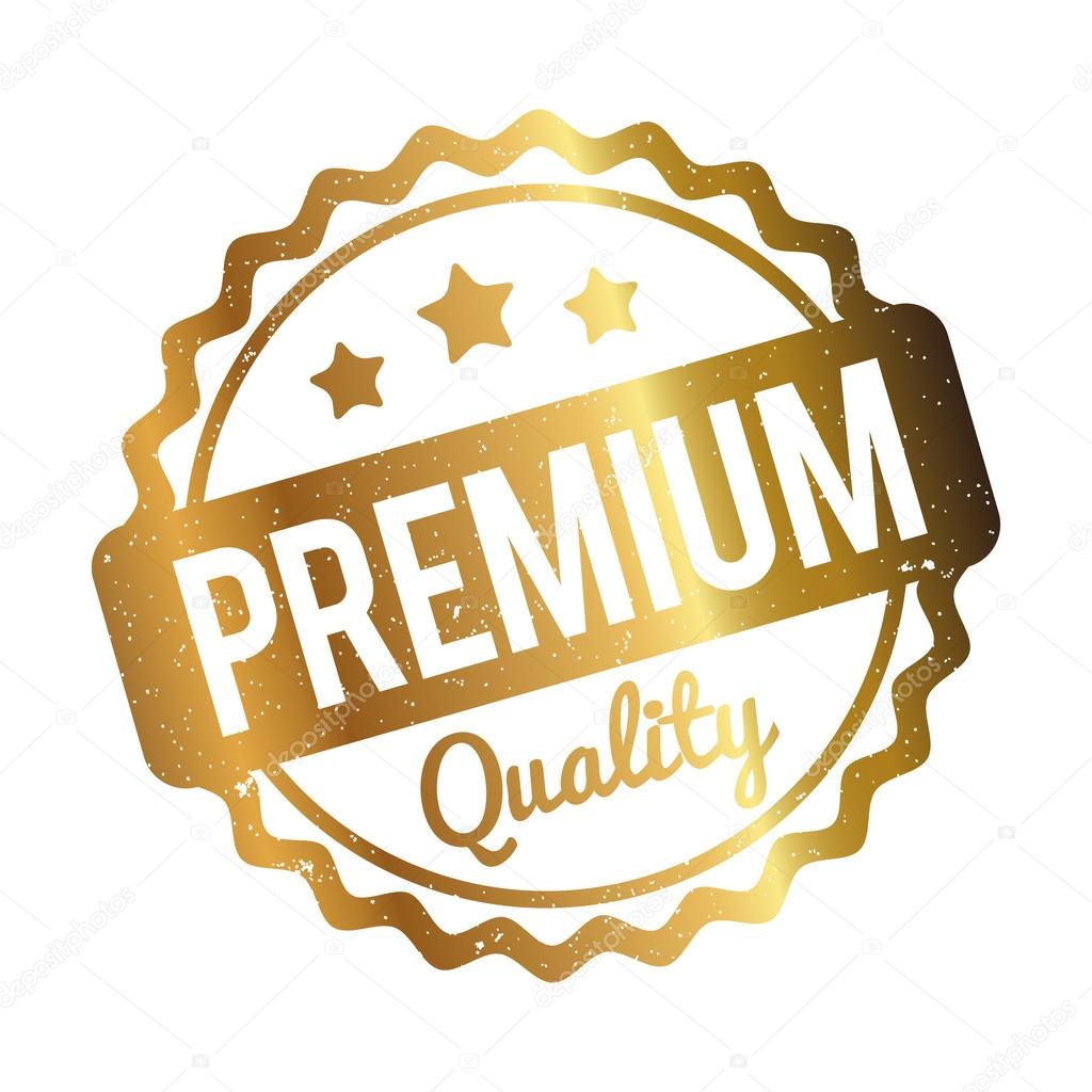 Premium Quality rubber stamp gold on a white background.