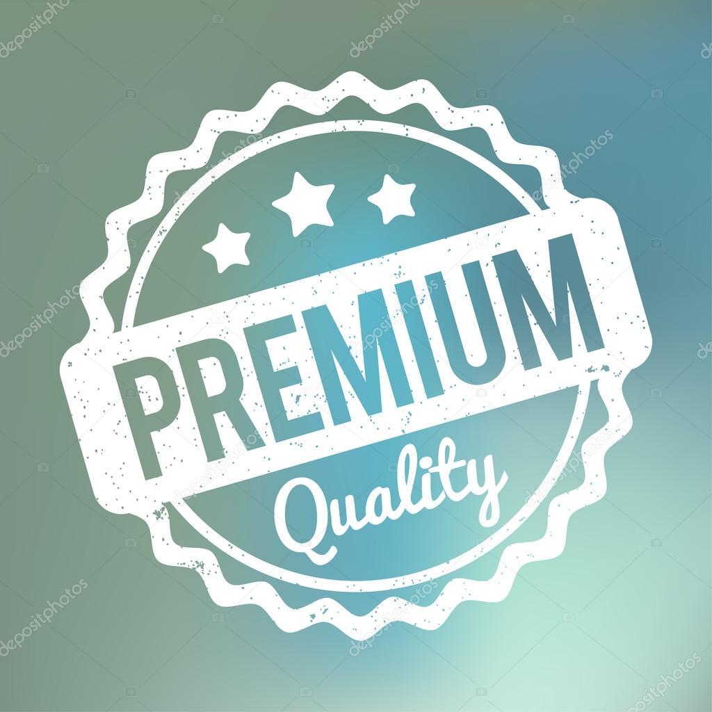 Premium Quality rubber stamp white on a blue bokeh fog background.