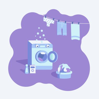 Çamaşır makinesi şokta. Çok fazla kirli çamaşır var. Düz Çizim