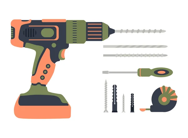 Ensemble Outils Construction Tournevis Perceuse Foret Tournevis Vis Autotaraudeuse Cheville — Image vectorielle