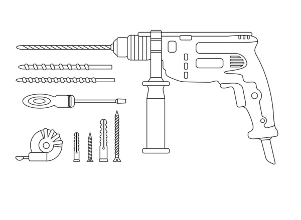 Eine Reihe von Bauwerkzeugen. Cartoon-Bohrmaschine, Bohrer, Schraubendreher, selbstschneidende Schraube, Dübel, Maßband. Elektrowerkzeuge, Hammerbohrer. Befestigungselement. Gliederung. — Stockvektor