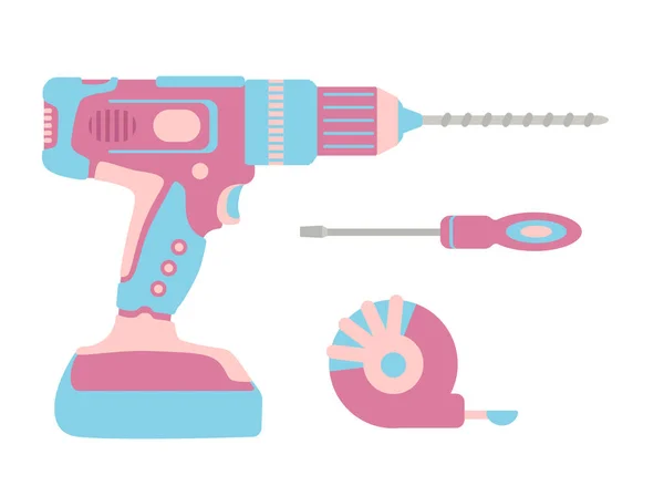 Damensatz von Bauwerkzeugen. Bohrmaschine, Bohrmaschine, Schraubenzieher, Maßband. Elektrowerkzeuge, Hammerbohrer. Pinkfarbene Werkzeuge für Damen. — Stockvektor