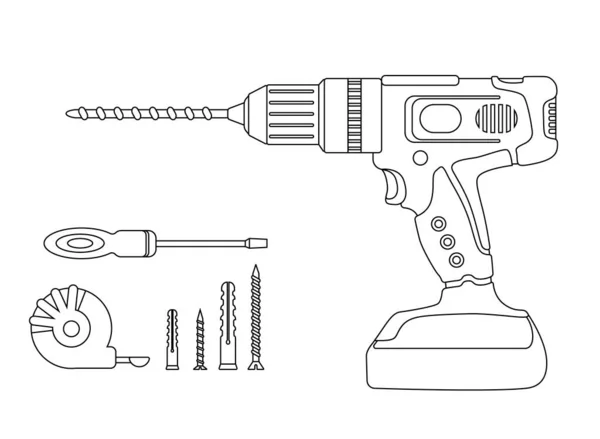 Eine Reihe von Bauwerkzeugen. Bohrmaschine, Bohrmaschine, Schraubendreher, selbstschneidende Schraube, Dübel, Maßband. Elektrowerkzeug, Perforator. Befestigungselement. Bild zum Ausmalen. Gliederung. — Stockvektor