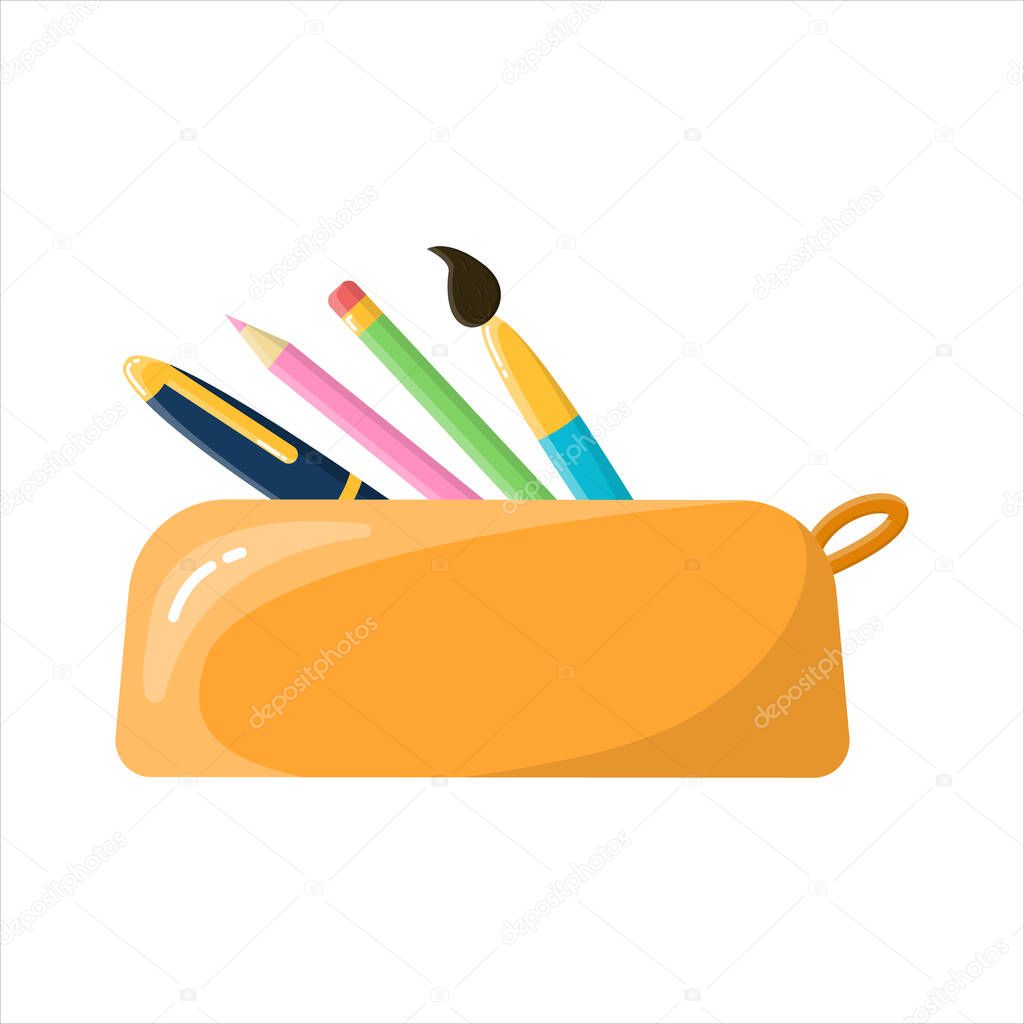 Pencil case for writing materials. School pencil case with pen, pencils and brush. In the style of the cartoon. Isolated on a white background.