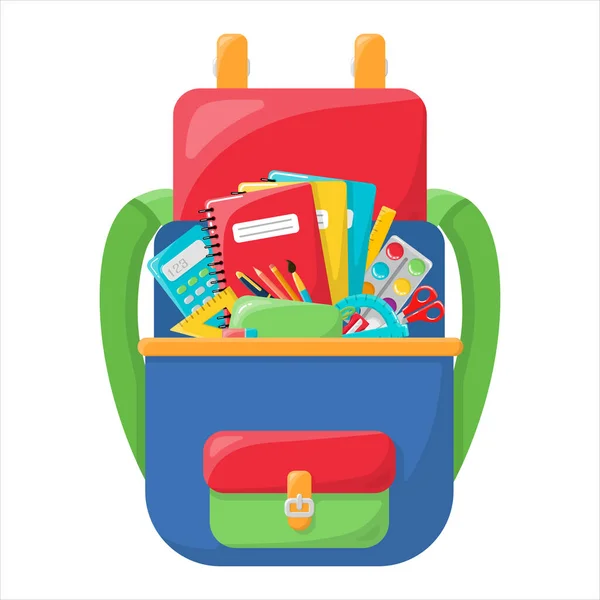 Writing materials are sticking out of the school backpack. Bright and colorful backpack. In the style of a cartoon. Isolated on a white background. Concept of school supplies. Backpack for a student — Stock Vector