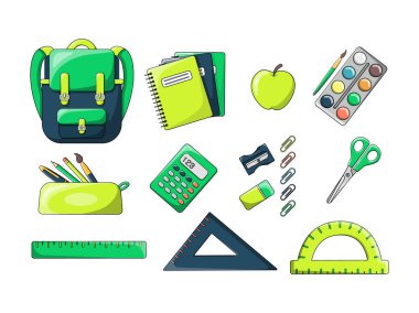 Bir yazı seti ve bir sırt çantası. Parlak ve renkli bir sırt çantası. Çizgi film tarzında. Beyaz bir arka planda izole edilmiş. Okul malzemeleri seti..