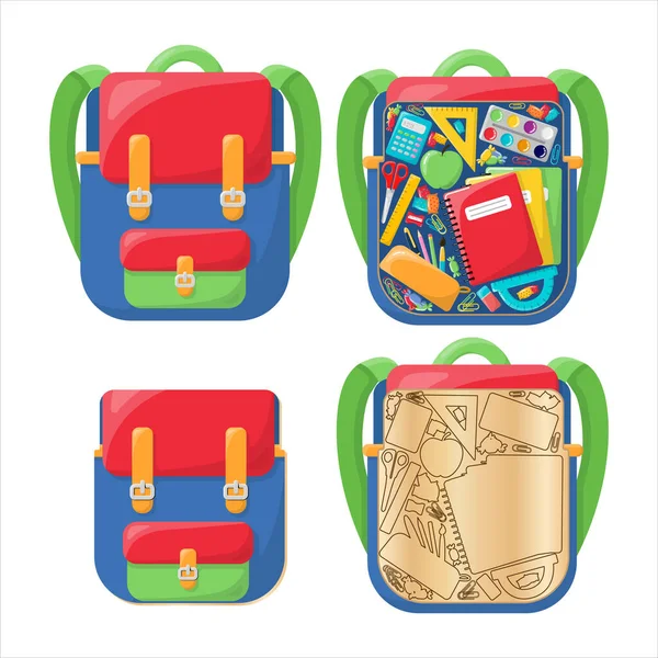 Wooden toy writing supplies in a school backpack. Bright and colorful backpack. In the style of a cartoon. Isolated on a white background. Educational toy inserts. — Stock Vector