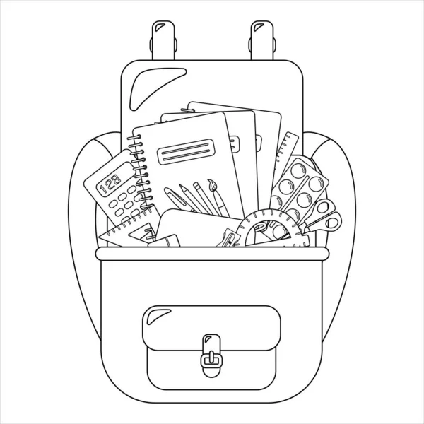 School backpack with writing materials. In the style of a cartoon. Isolated on a white background. Concept of school supplies. Picture for coloring — Stock Vector